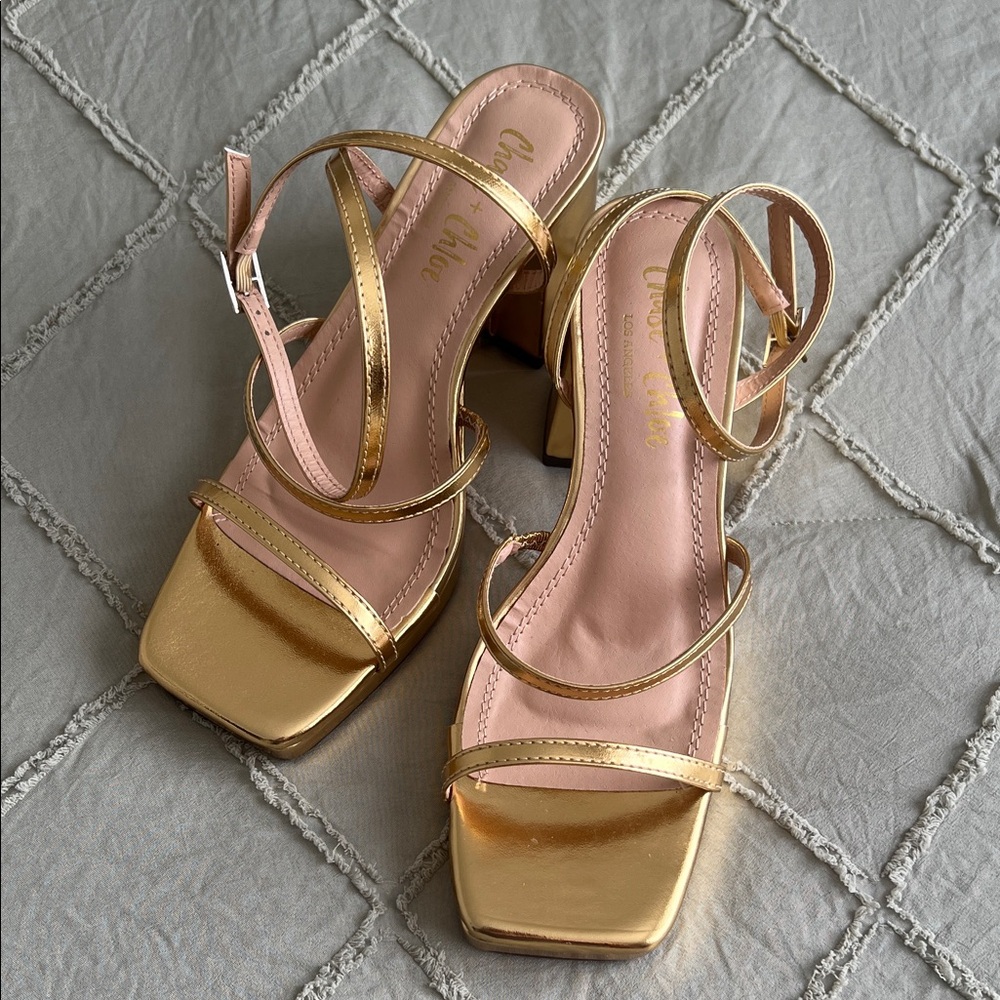Chase + Chloe Gold Strappy Chunky Heels